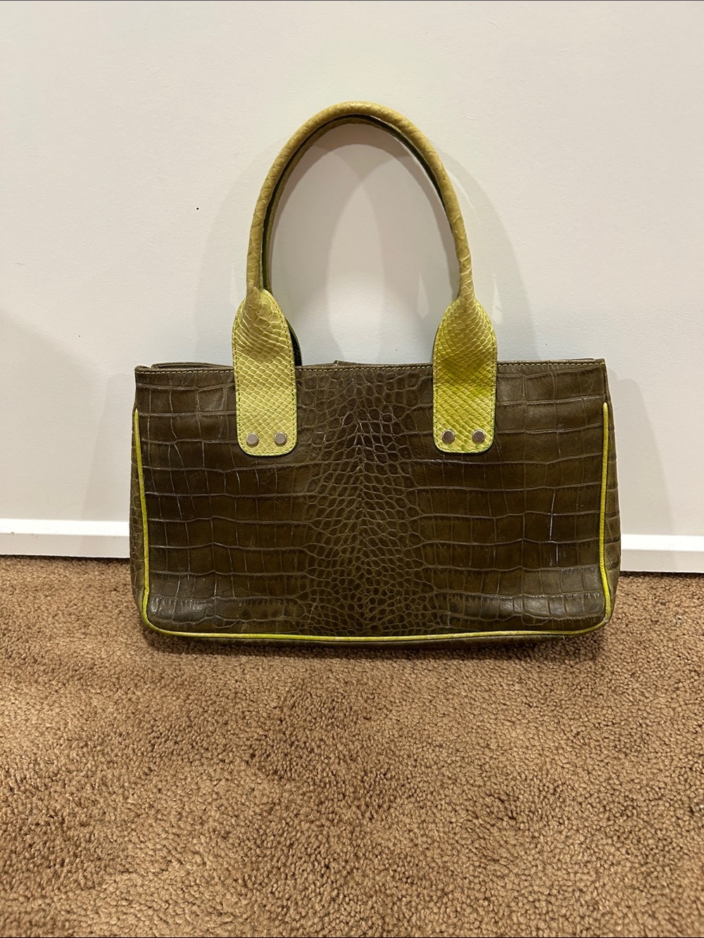 Olive Croc-Embossed Shoulder Bag with Lime Accents